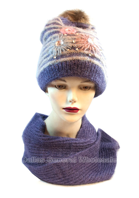 Women's Studded Flower Knitted Beanie Hat with Scarf Set Wholesale - Dallas General Wholesale